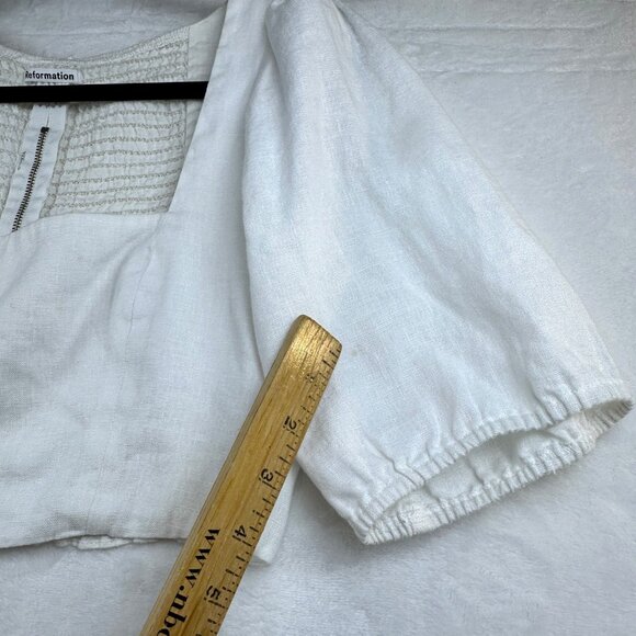 Reformation White Linen Square Neck Crop Top Puff Sleeves Smocked Back Size 0 - Picture 10 of 11